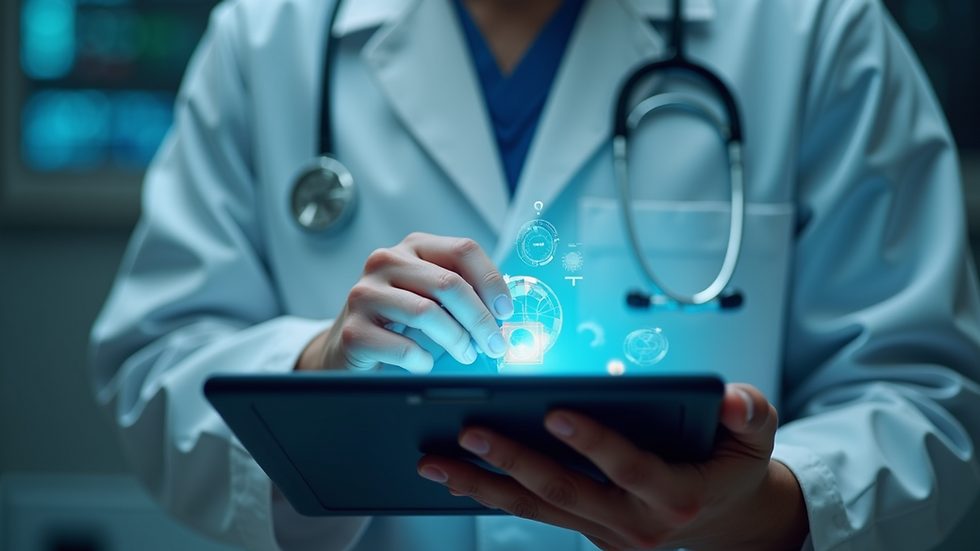 Close-up view of a physician using AI tools on a tablet
