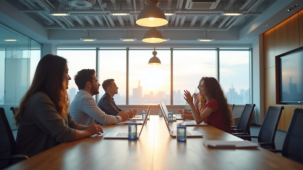 Eye-level view of a modern office meeting room with collaborative workspaces