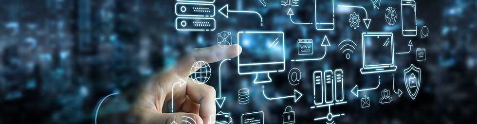 Businessman on blurred background using tech devices and icons thin line interface.jpg