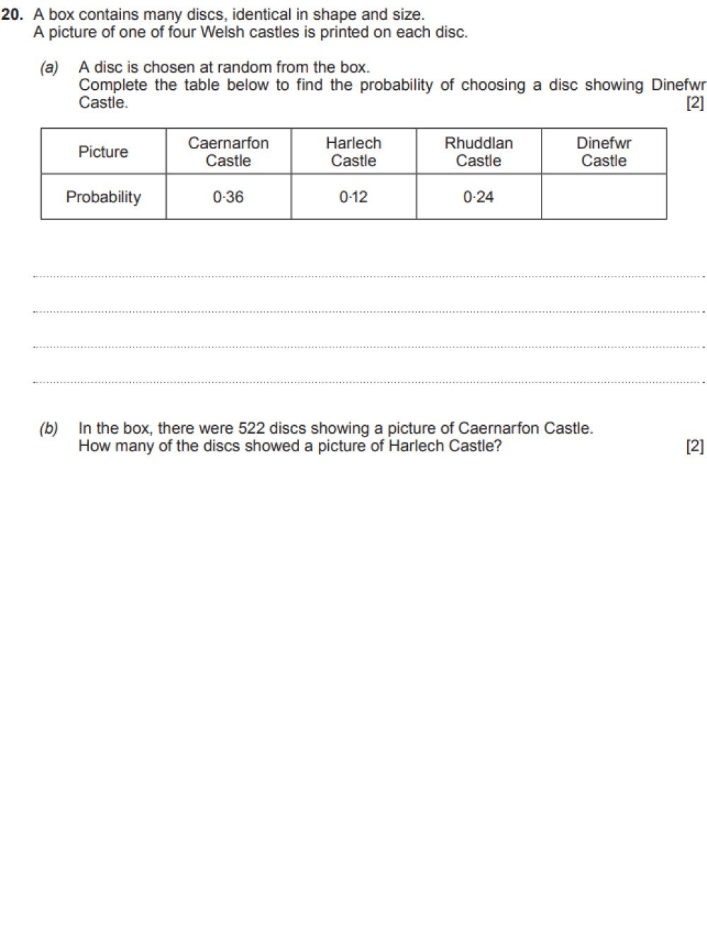 complete probability table Past paper questions by topic