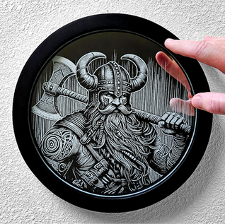 Etched Mirror Viking Warrior Wall Art, viking is holding a double edged axe. wearing a helmet with. 2 horns on top, tattoos on his body, long beard, 10" mirror framed with a 10" black frame