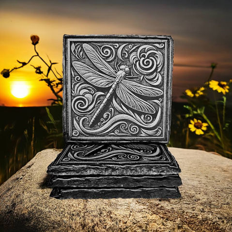 Coaster-laser engraved of a Dragonfly On Flowers with a swirly design in the background, slate coasters are 4" in circumference and comes in 4-pack