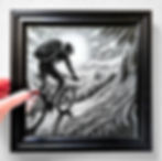 Engraved Mirror of a Mountain biker biking in the mountains wearing a backpack on a mountain bike in a black Picture frame