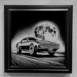 Engraved Glass 1967 Camaro RS Wall Art, camaro is parked on the road at night, car is facing forward, full moon in the background, 10" glass and framed in a 10" black frame