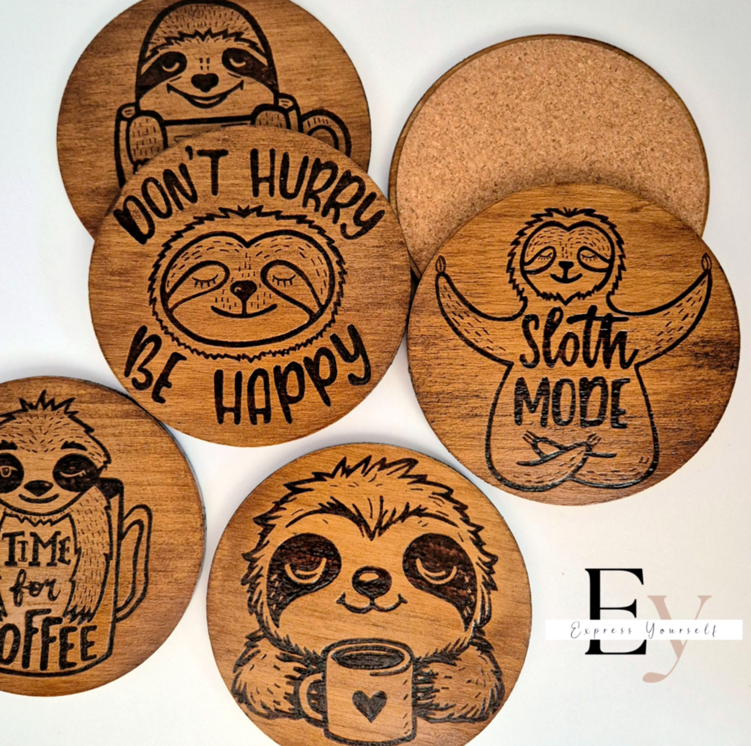 Wood coaster set - Sloths