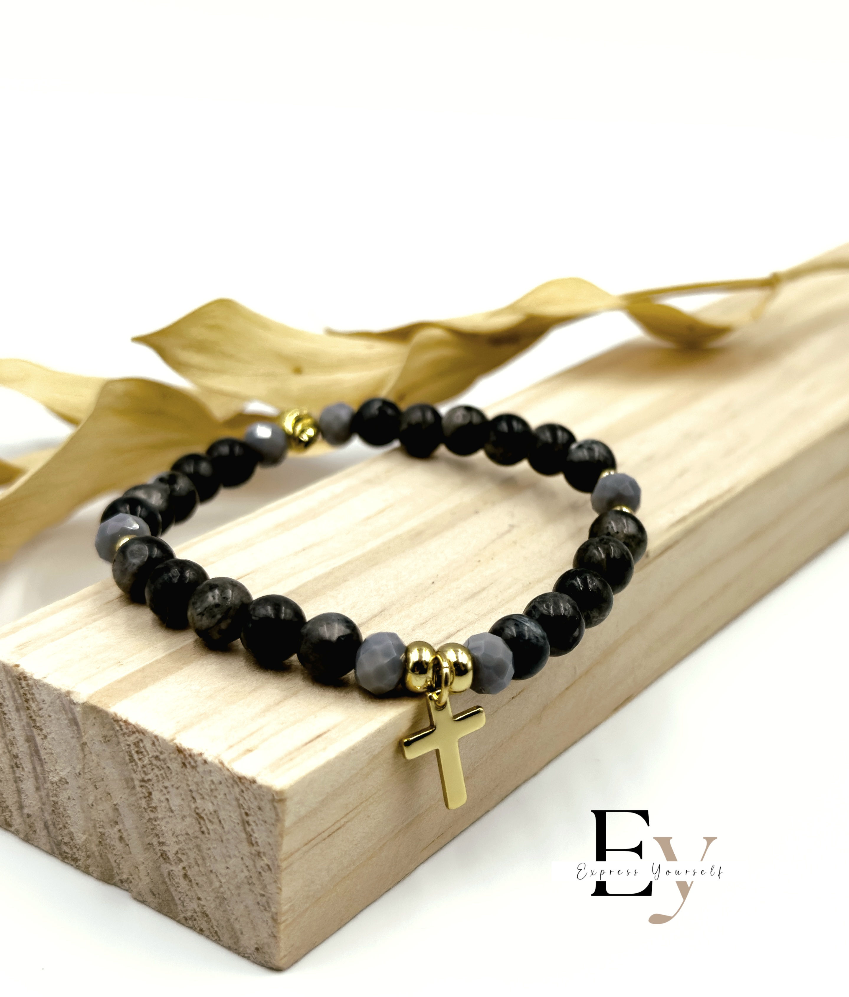 Larvikite bracelet with gold cross charm