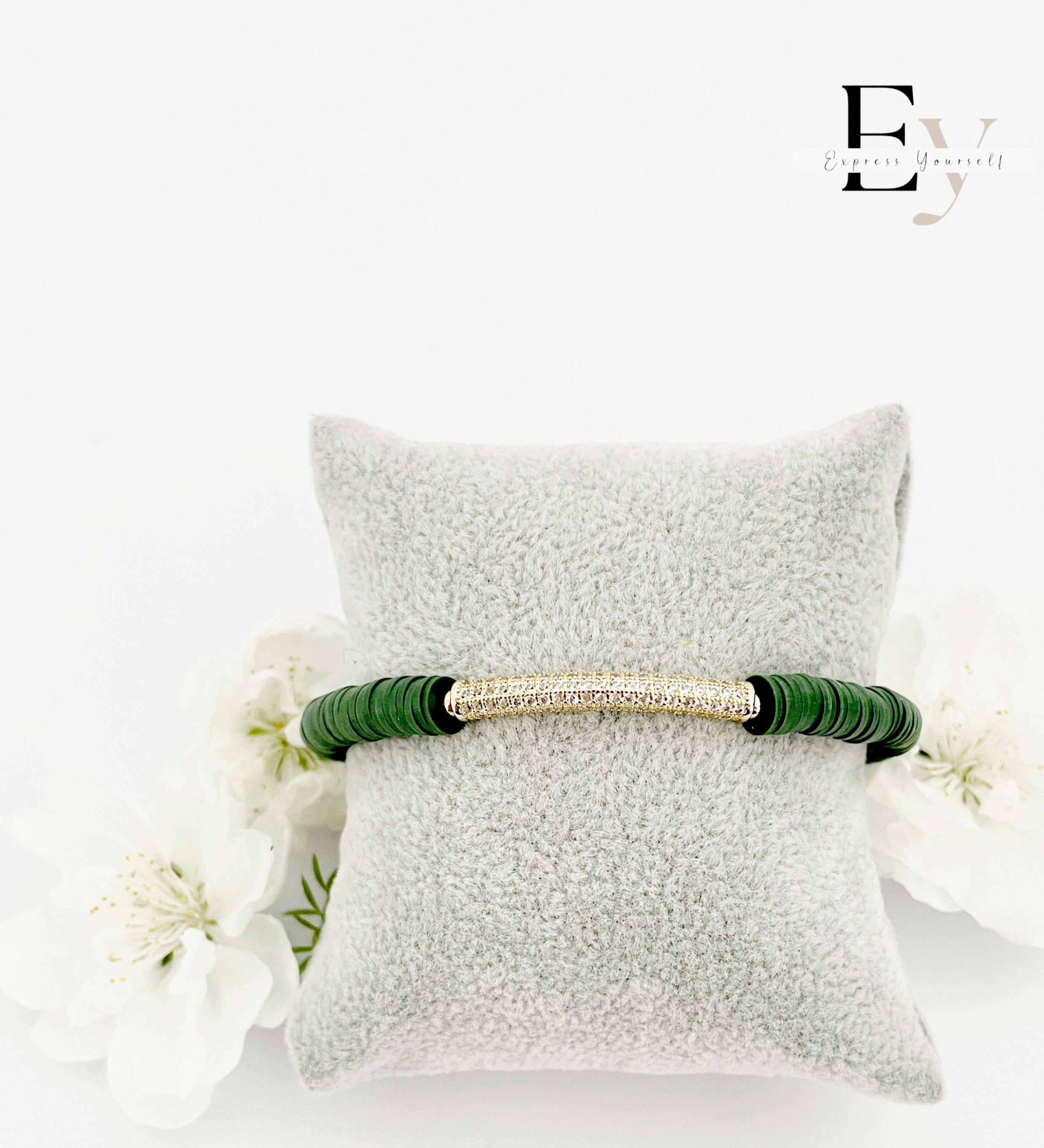 Green silicone bracelet with cubic zirconia loop