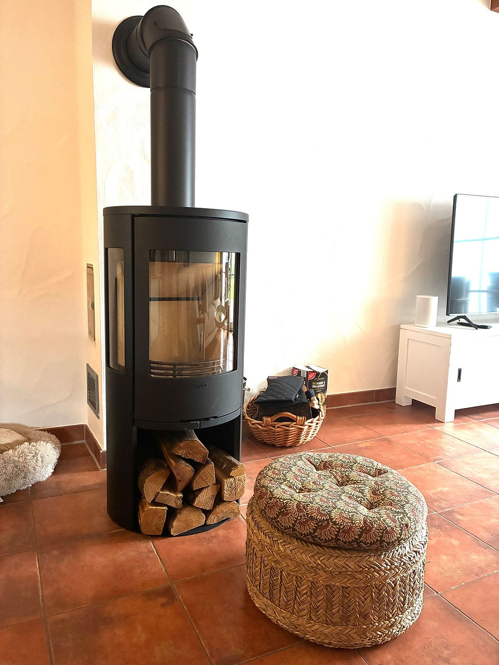 Kamin im Ferienhaus Kogge mit Holzscheiten und Hocker
