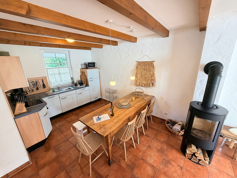 Esszimmertisch und Küche im Ferienhaus Kogge in Zingst