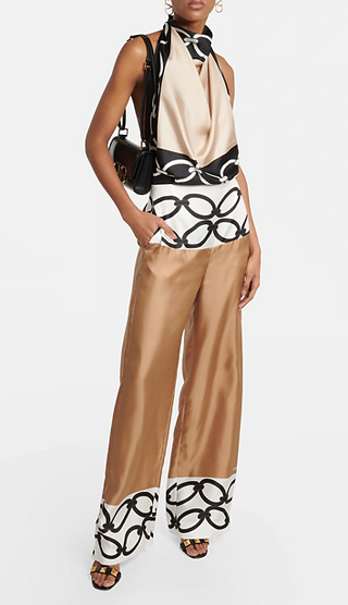 Valentino Chain Silk Jumpsuit Brown, White, Black