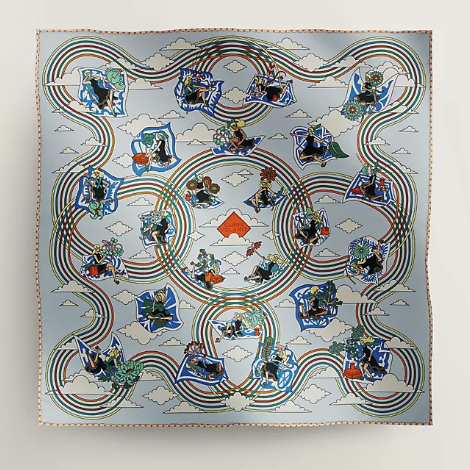 Hermes blue scarf with curly lines and clouds 