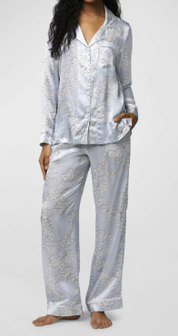Floral Print Silk PJ Set Blue and White