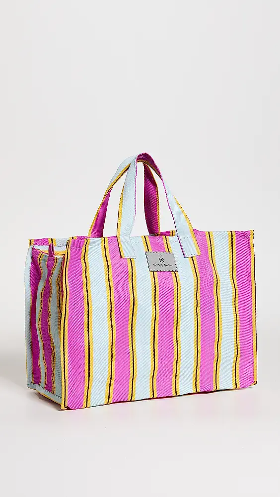 Gunes Beach Tote pink, yellow, and white striped