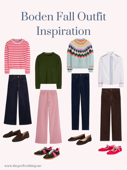 Collection of Fall pieces from Boden: sweaters, tops, pants, shoes.