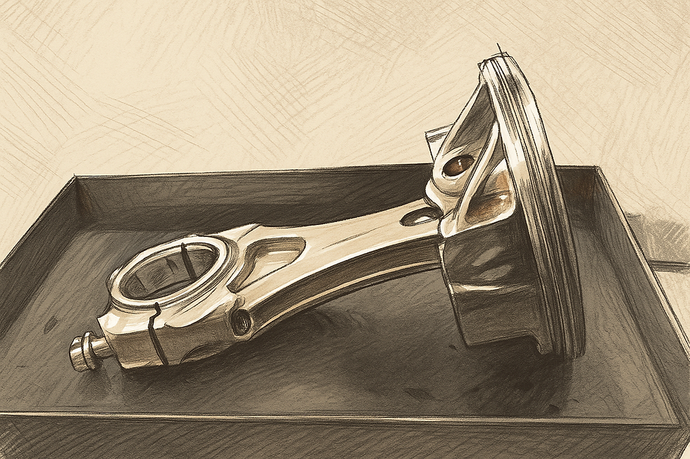 A metallic piston rod lies in a dark tray against a textured beige background, showcasing smooth, reflective surfaces and intricate details.