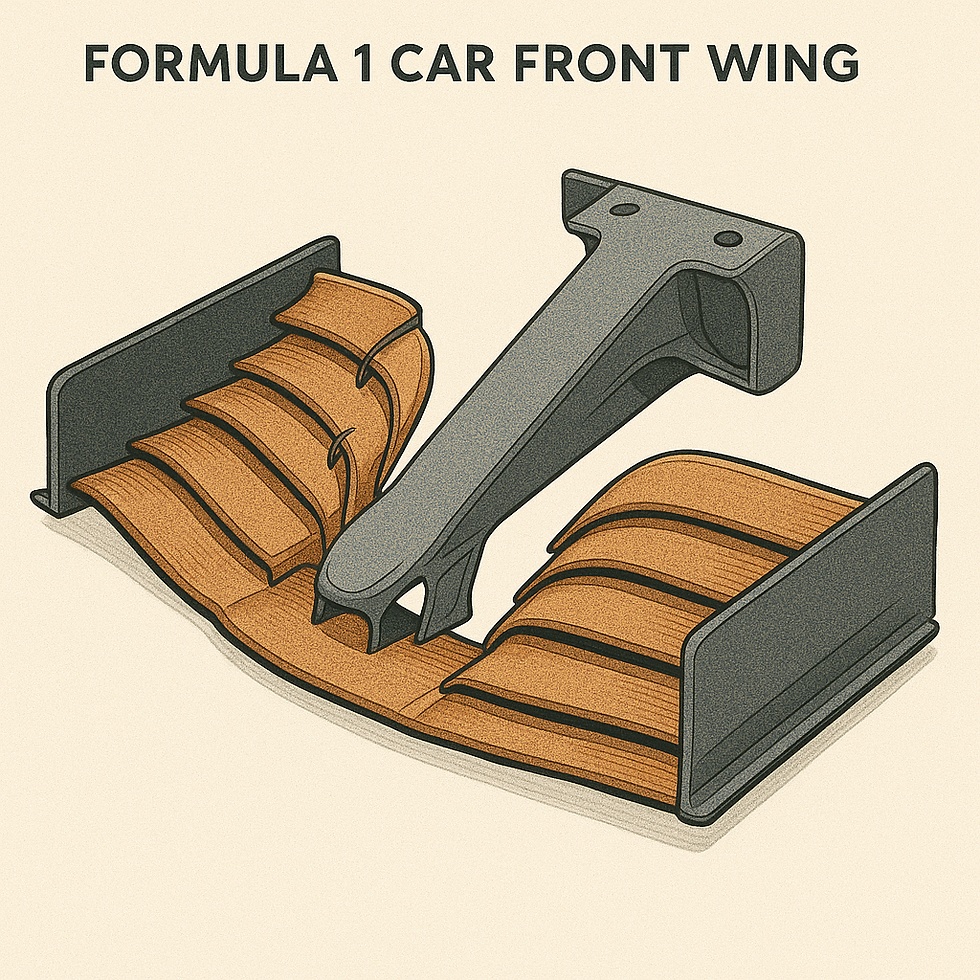 Illustration of a Formula 1 car front wing, featuring black and brown elements. Text above reads "Formula 1 Car Front Wing."