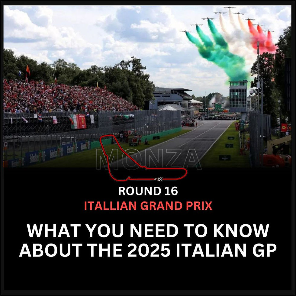 Airplanes trail Italian flag colors over Monza circuit with a full crowd. Text: Round 16 Italian Grand Prix, 2025 Italian GP info.