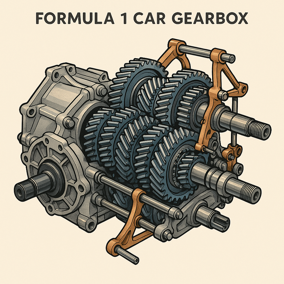 Illustration of a Formula 1 car gearbox with detailed gears and shafts in blue and orange tones. Text at top reads "FORMULA 1 CAR GEARBOX".