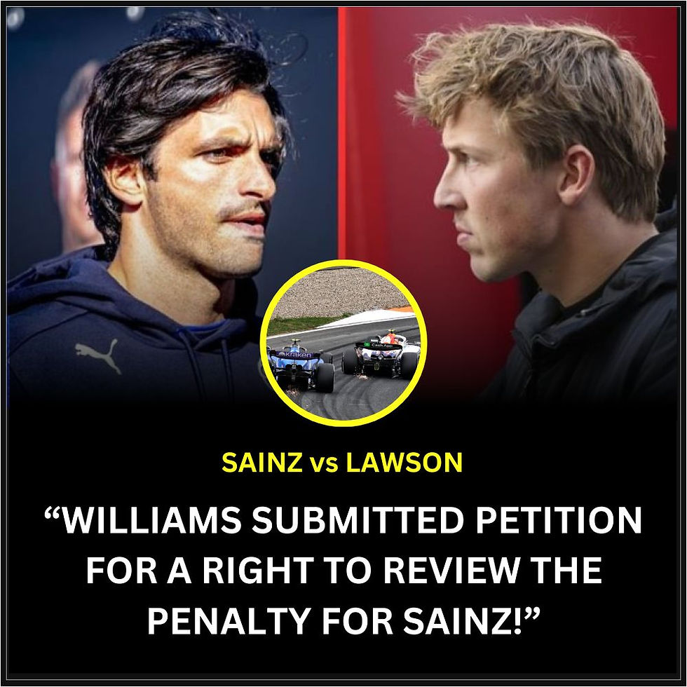 Two men facing each other with serious expressions; inset shows two race cars. Text: "SAINZ vs LAWSON," "Review Penalty for Sainz!"
