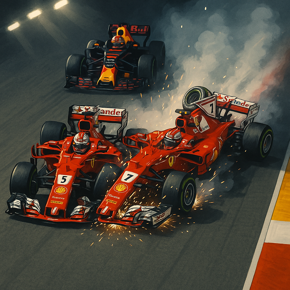 Two red Ferrari Formula 1 cars collide, sparking on a racetrack; a black car follows closely. The setting is dynamic and intense with illuminated track.