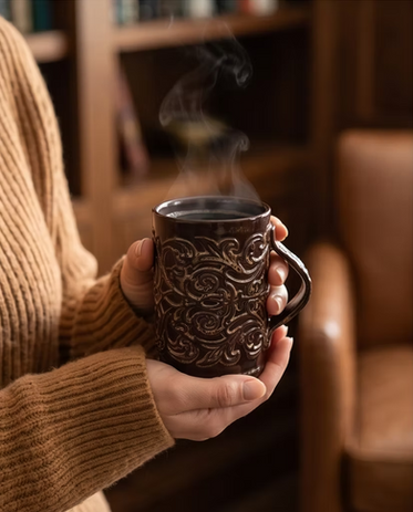 Mug sculpté fumant tenu dans un intérieur chaleureux