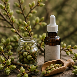 Flacon compte-gouttes et baies vertes pour naturopathie