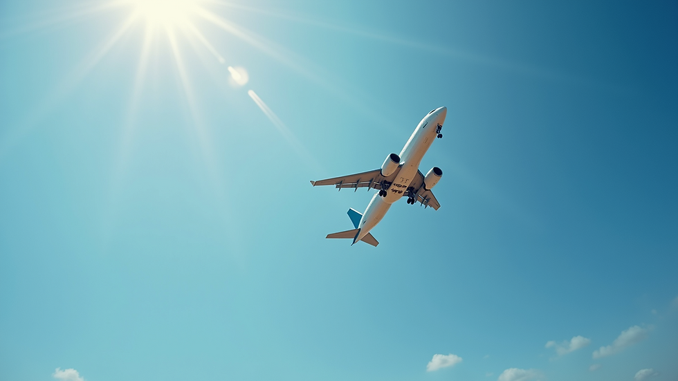 Eye-level view of an aircraft soaring through a blue sky