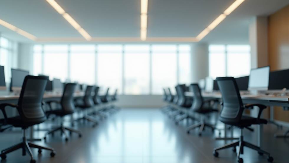 eye-level view of a clean office space with desks and chairs