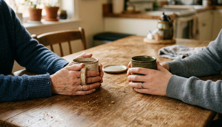 Close-up view of two hands holding mugs on a kitchen table