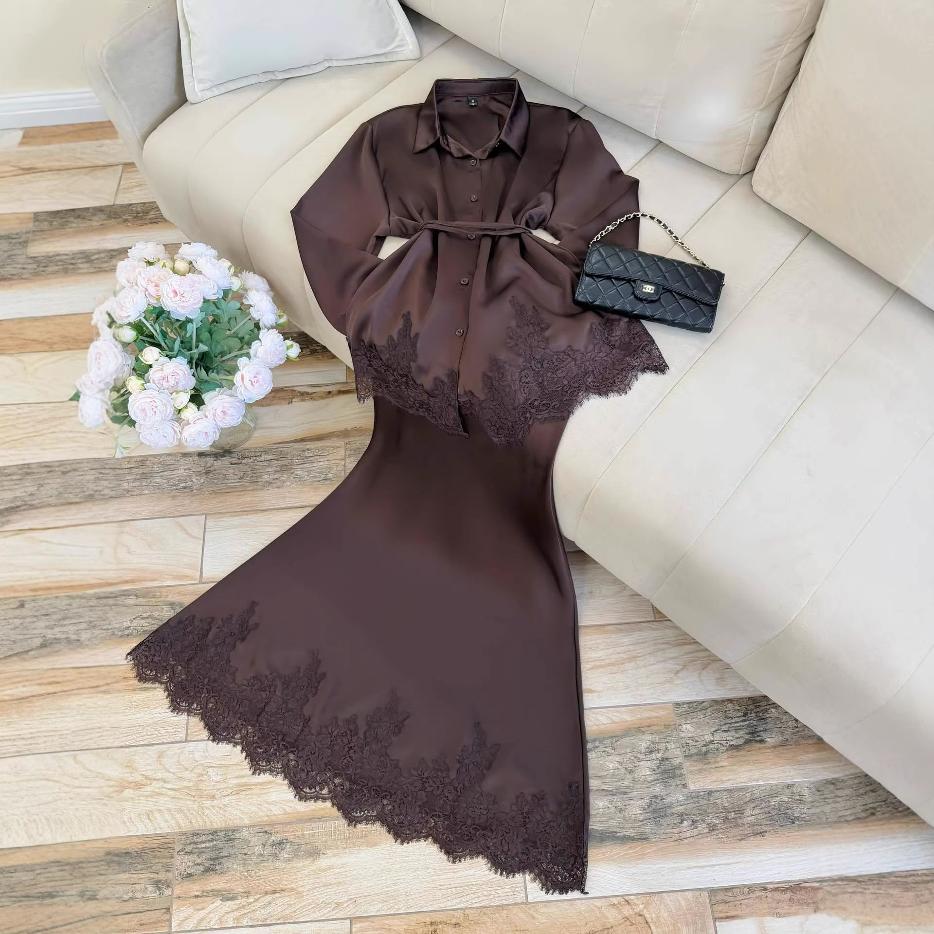 Women Two Piece Sets Skirt Set Turn Down Collar Lace Sexy Full Sleeve Tops Long