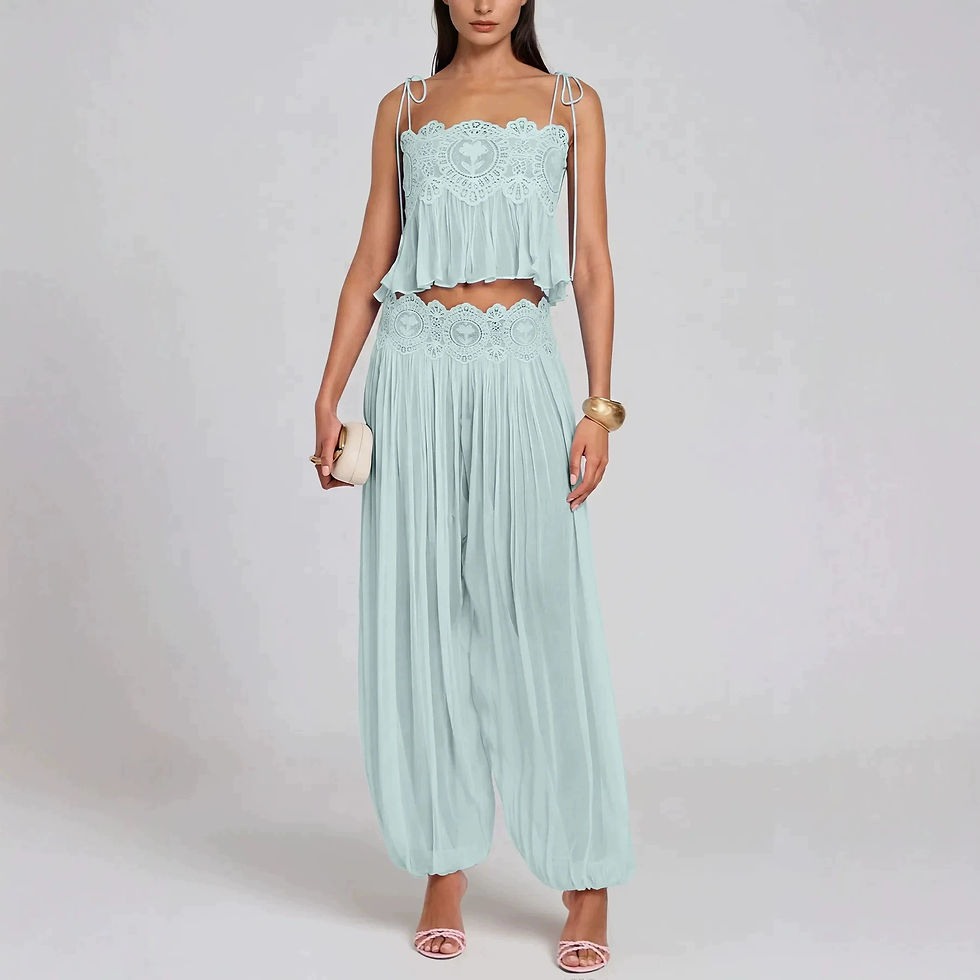 Thumbnail: Women Pant Set Sheer Layers Spaghetti Strap Backless Lace Top Straps Solid Loose