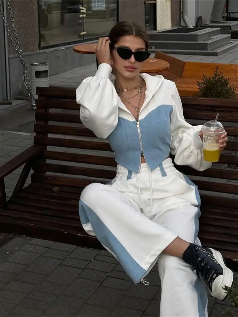Thumbnail: Streetwear 2 Piece Sets Women Outfit Fall Clothes 2024 Women Denim Patchwork Hoo