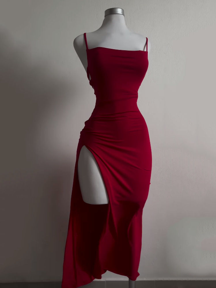 Thumbnail: Sexy Backless Lace Up Long Dress Women Split Sleeveless Bodycon Party Club Eveni