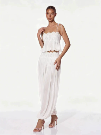 Thumbnail: Women Pant Set Sheer Layers Spaghetti Strap Backless Lace Top Straps Solid Loose