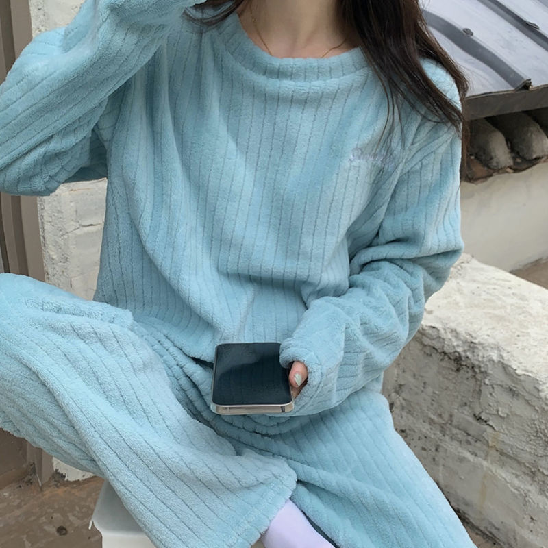 Thumbnail: Autumn Women Solid Warm 2 Piece Sets Thicken Velvet Ribbed Fleece Set Pullover a