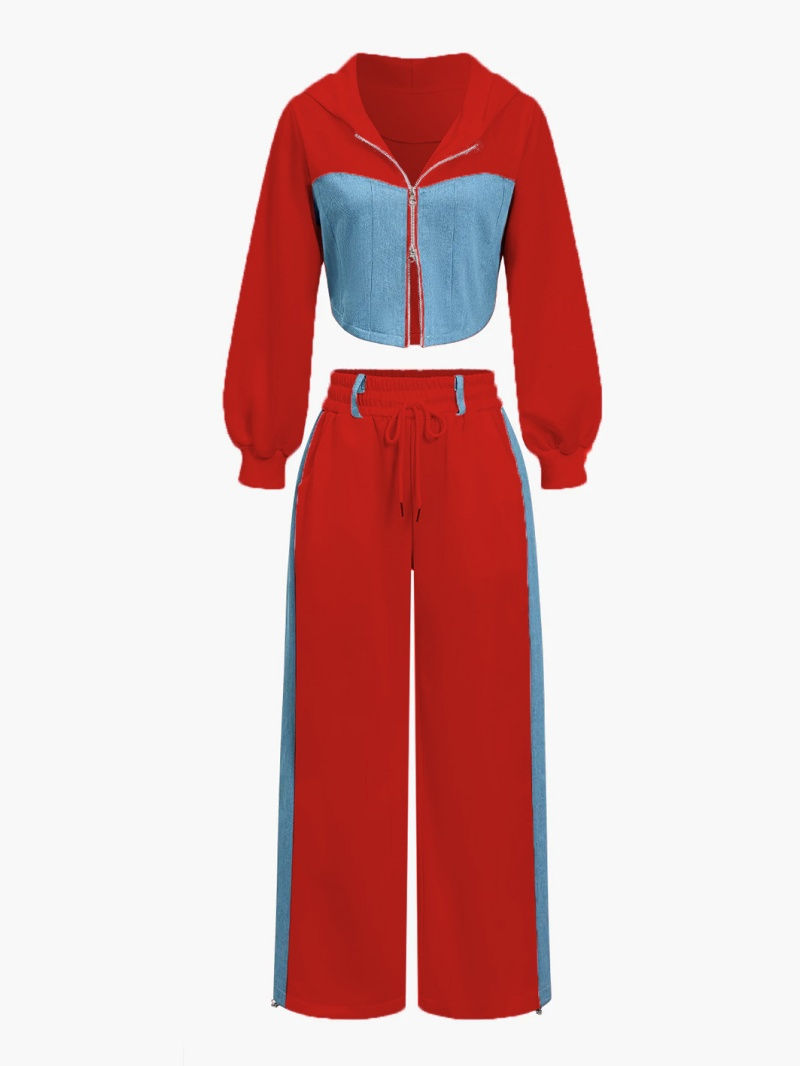 Thumbnail: Streetwear 2 Piece Sets Women Outfit Fall Clothes 2024 Women Denim Patchwork Hoo