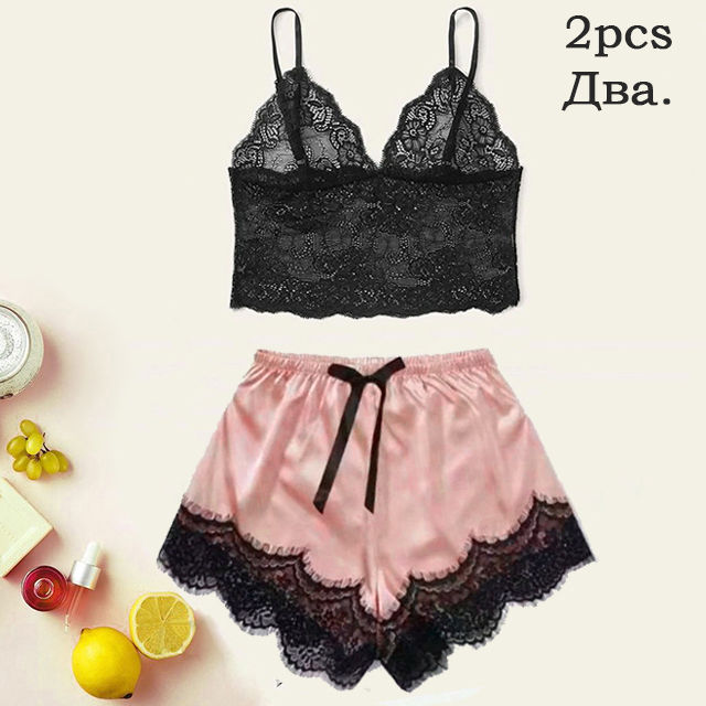 Thumbnail: Women's Satin Sleepwear Pajama Set Pink Sexy Lingerie Bath Robe Lace Patchwork S