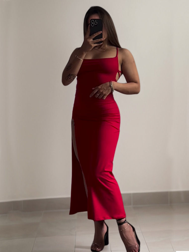 Thumbnail: Sexy Backless Lace Up Long Dress Women Split Sleeveless Bodycon Party Club Eveni