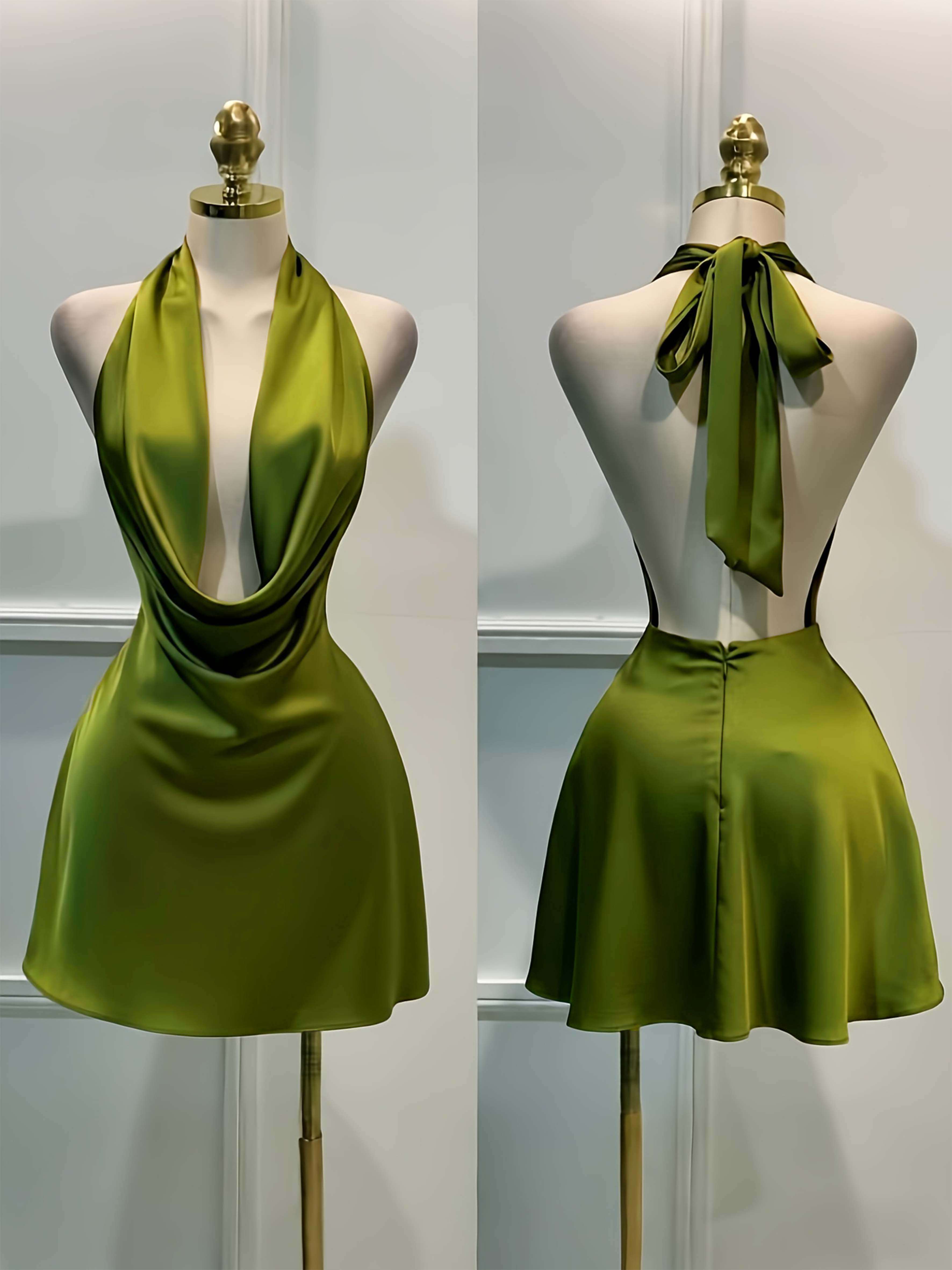 Women Elegant Solid Satin Dress, Back Zipper Open Back Fitted Midi Dress, Casual