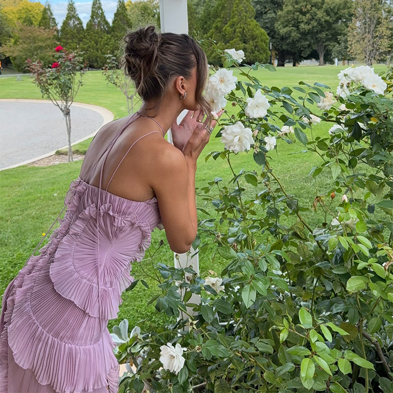 Thumbnail: Elegant Purple Halter A Line Prom Gowns Ruffles Tiered Backless Party Gown Summe