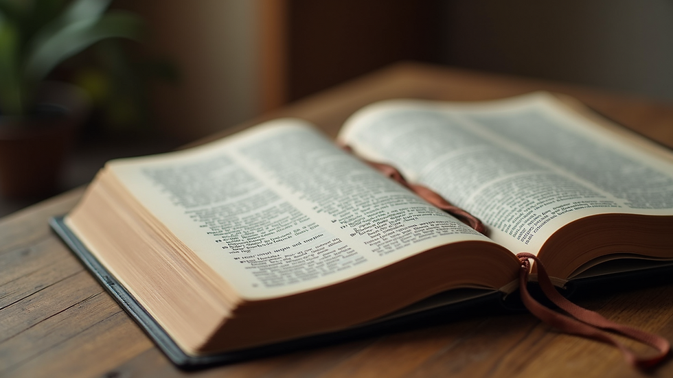 Close-up view of a Bible and journal on a wooden table