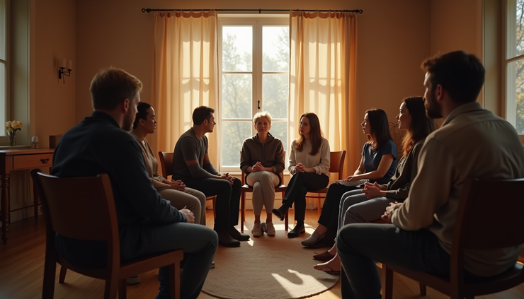 Eye-level view of a small group gathered in a cozy room for a faith discussion