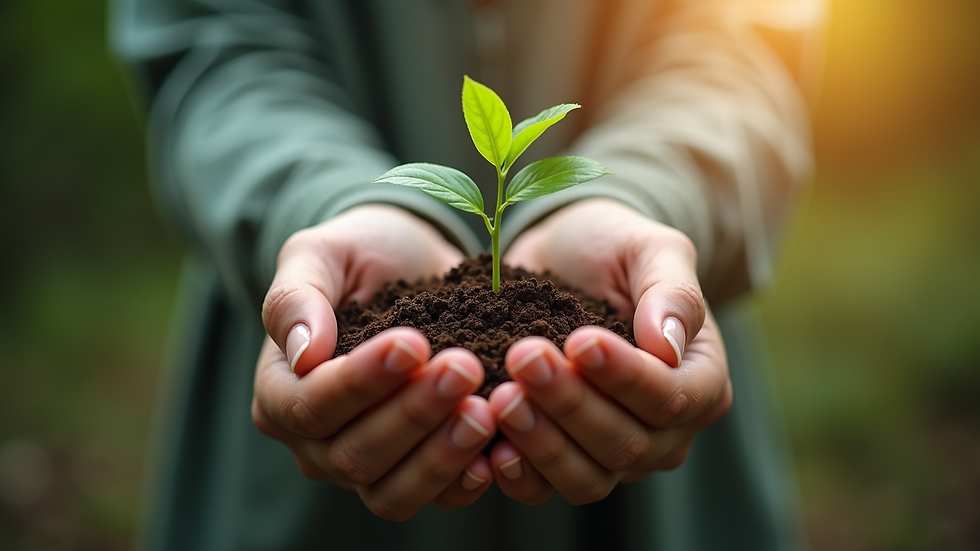 Close-up view of hands holding a small plant symbolizing growth and nurturing