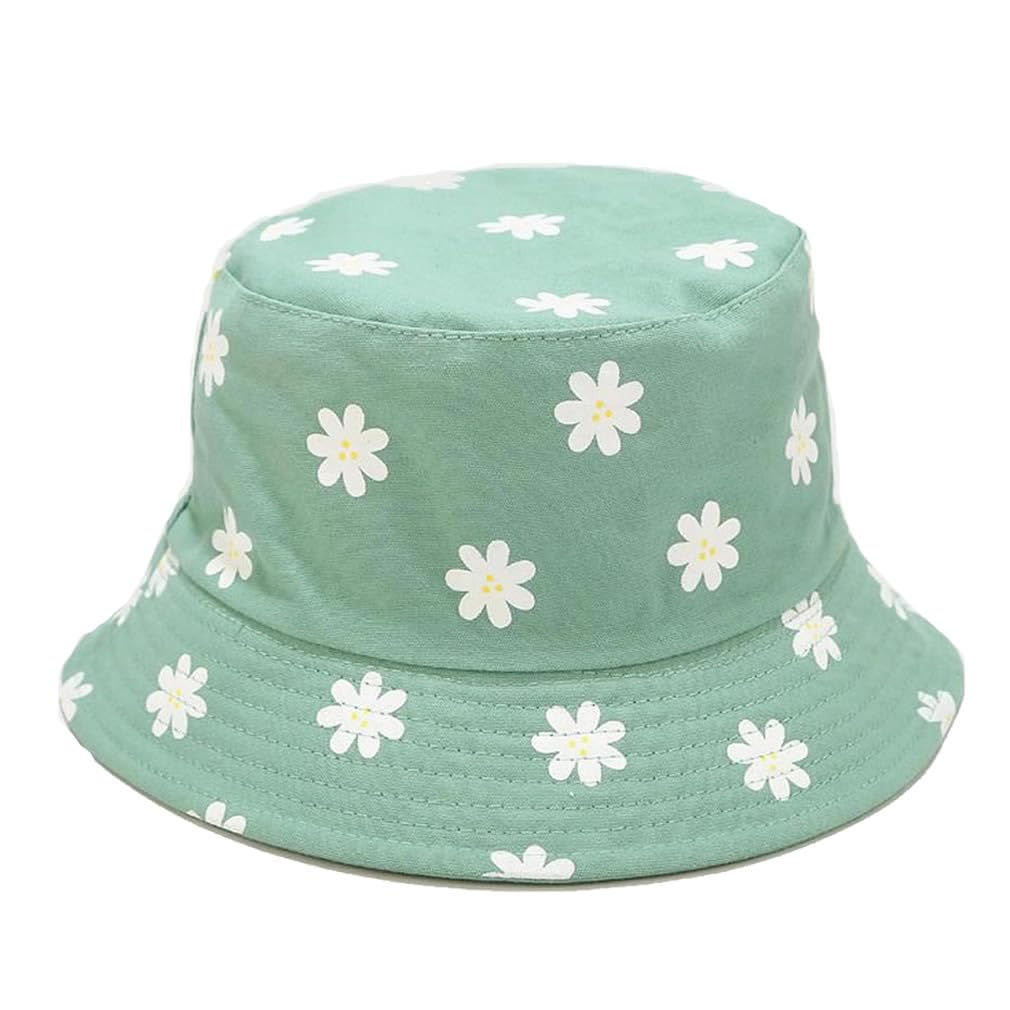 Quanhaigou Reversible Printed Bucket HatSummer Beach Outdoor Cap (Green Daisy)