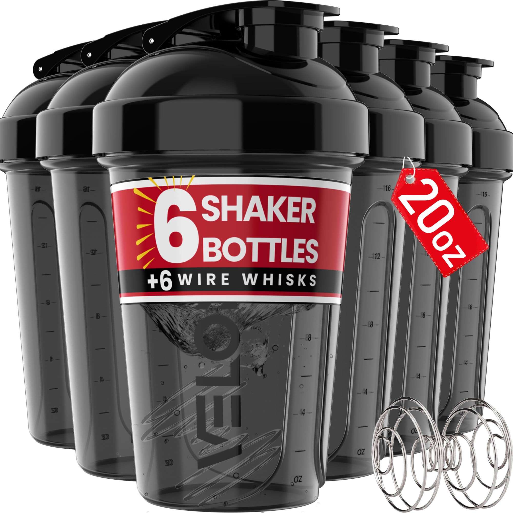 VELOMIX -6 PACK- 20 OZ Protein Shaker Bottles for Protein Mixes Shaker Cups for