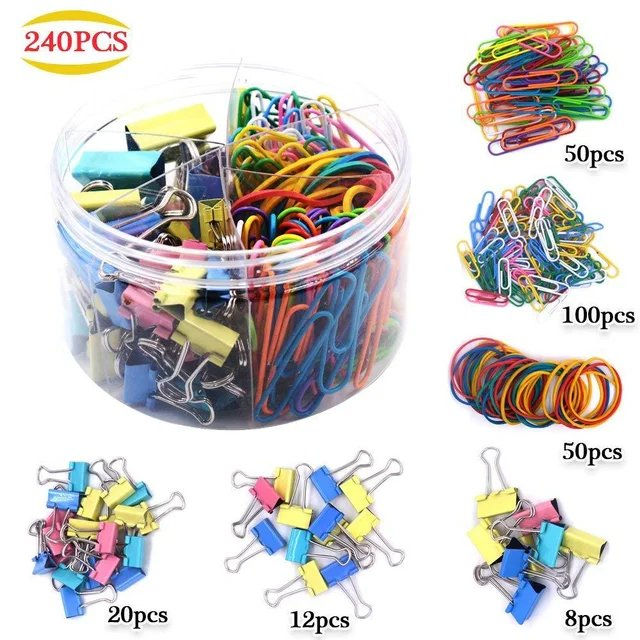 THE CEO's 240pc Colorful Mixed Paper Clips, Rubber Band, Binder Clips Stationery