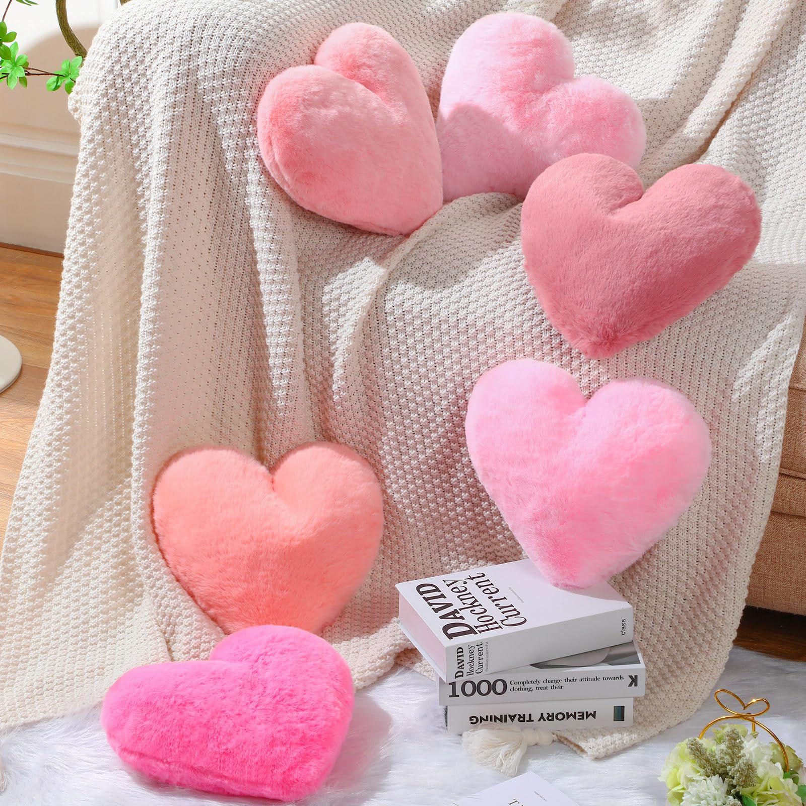 Liliful 6 Pcs Faux Rabbit Fur Heart Pillow Valentines Day Fluffy Heart Throw Pil