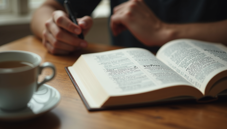 Close-up view of a person reading a faith study guide with notes and a cup of tea nearby