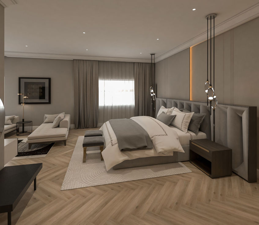 a bedroom with a large bed and a couch