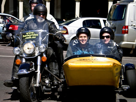 A Harley Davidson Sidecar takes two people sitting in the sidecar.